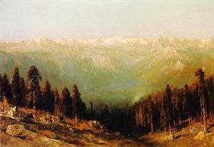 A View of the Hetch Hetchy Valley with Deer in the Foreground and Mount Conness in the Distance